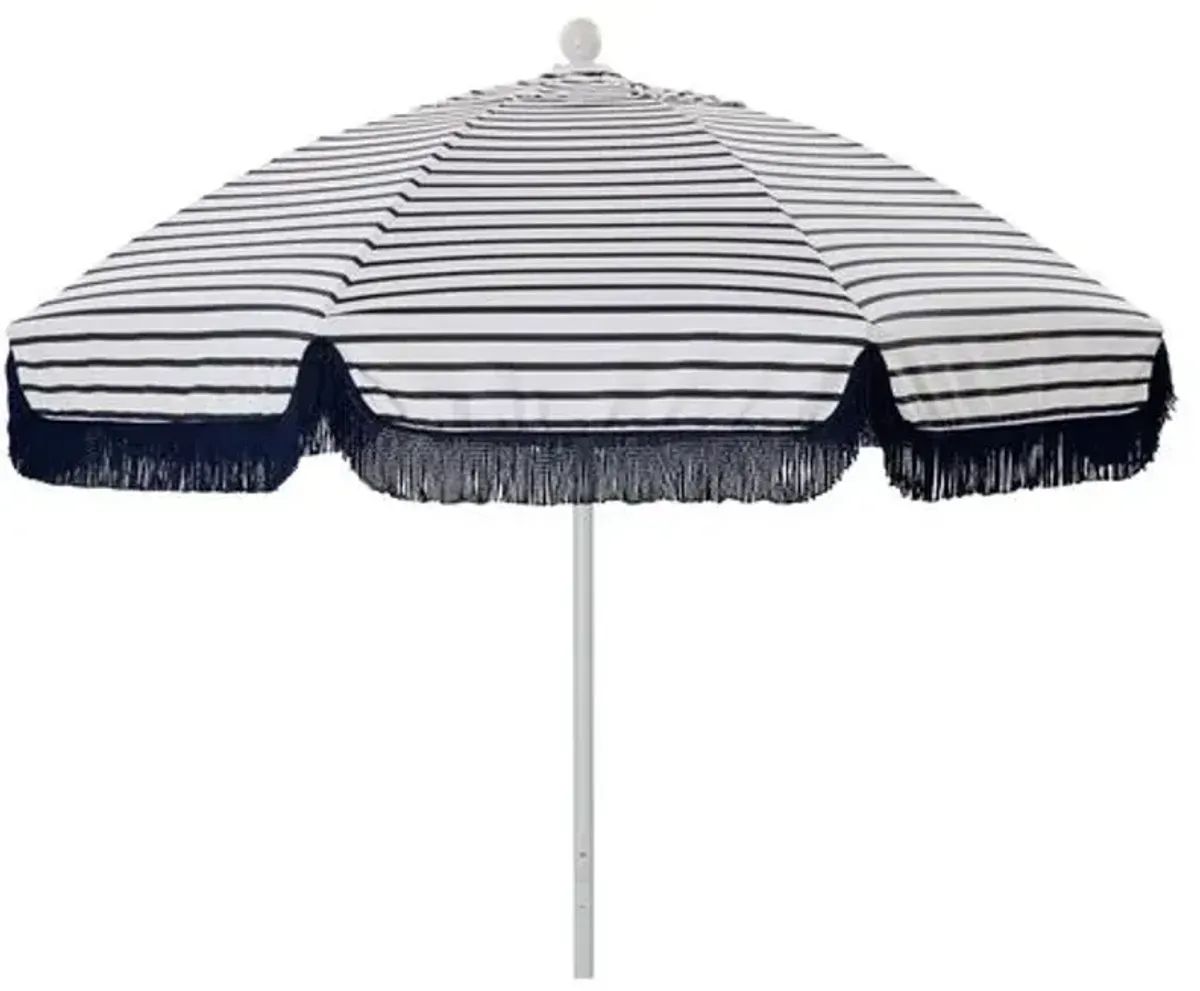 Elle Round Fringe Patio Umbrella - Sunbrella Stripe - Blue