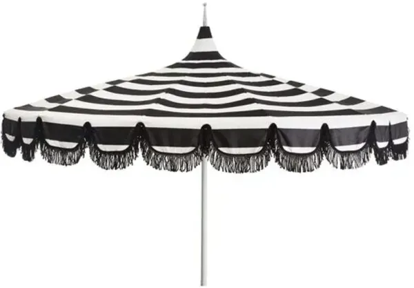 Aya Pagoda Fringe Patio Umbrella - Sunbrella Stripe - White