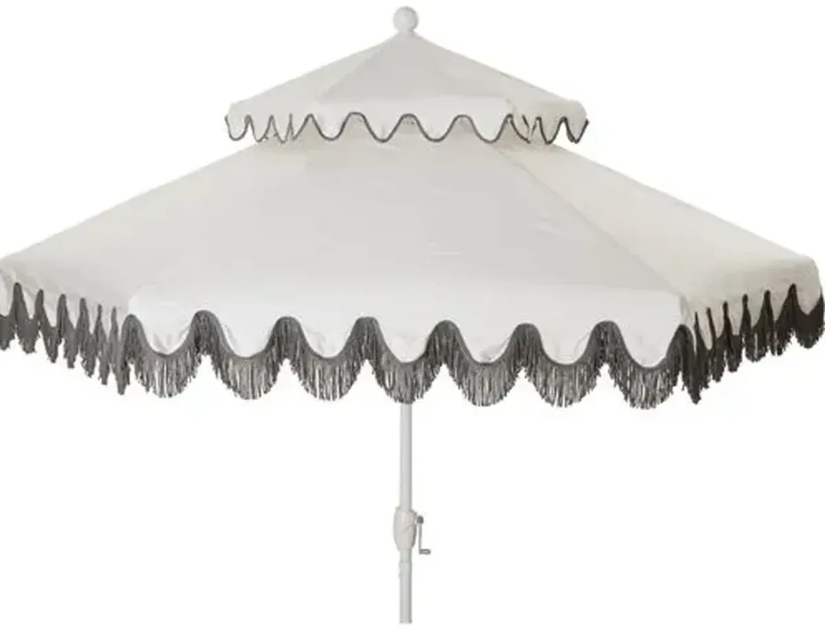 Daiana Two-Tier Fringe Patio Umbrella - White/Gray Fringe