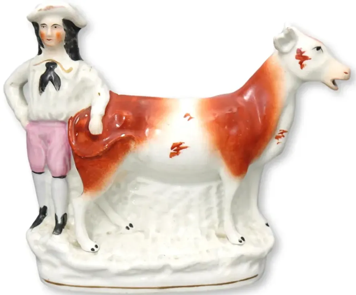 Antique Staffordshire Cow Creamer - Rose Victoria - White