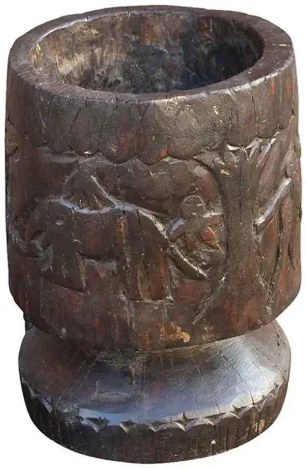 Vintage Tribal Naga Carved Outdoor Mortar - de-cor - Brown