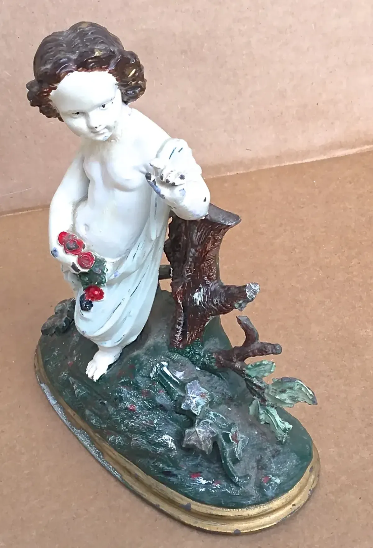 Painted Cast Iron Cherub With Flowers - Vermilion Designs - White