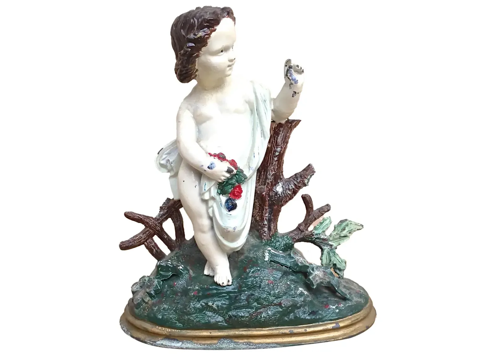 Painted Cast Iron Cherub With Flowers - Vermilion Designs - White