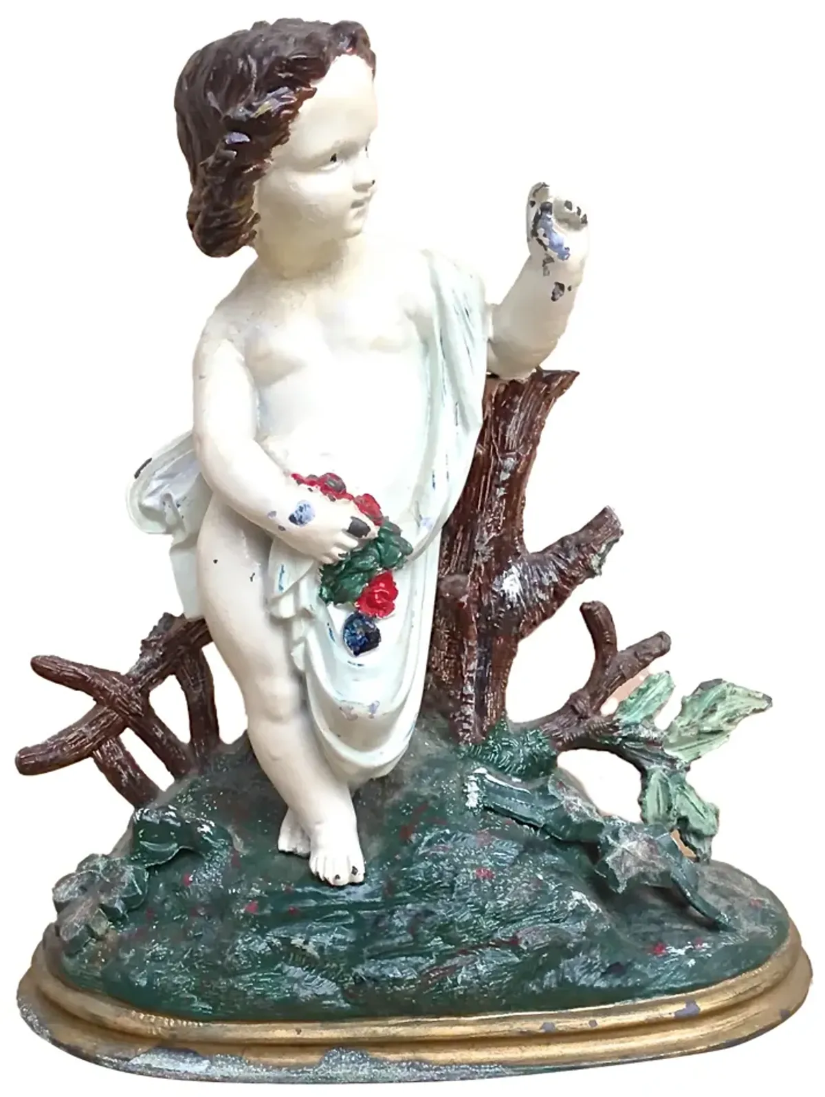 Painted Cast Iron Cherub With Flowers - Vermilion Designs - White