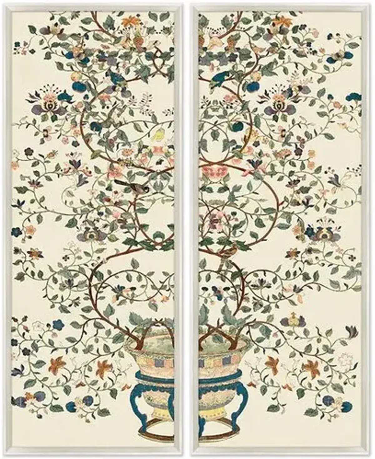 Flower Pot Chinoiserie Branches Diptych - Silver