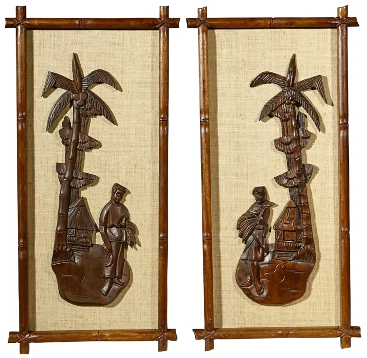 1960s Asian Scene Wood Wall Plaques - Pr - 2-b-Modern - Brown