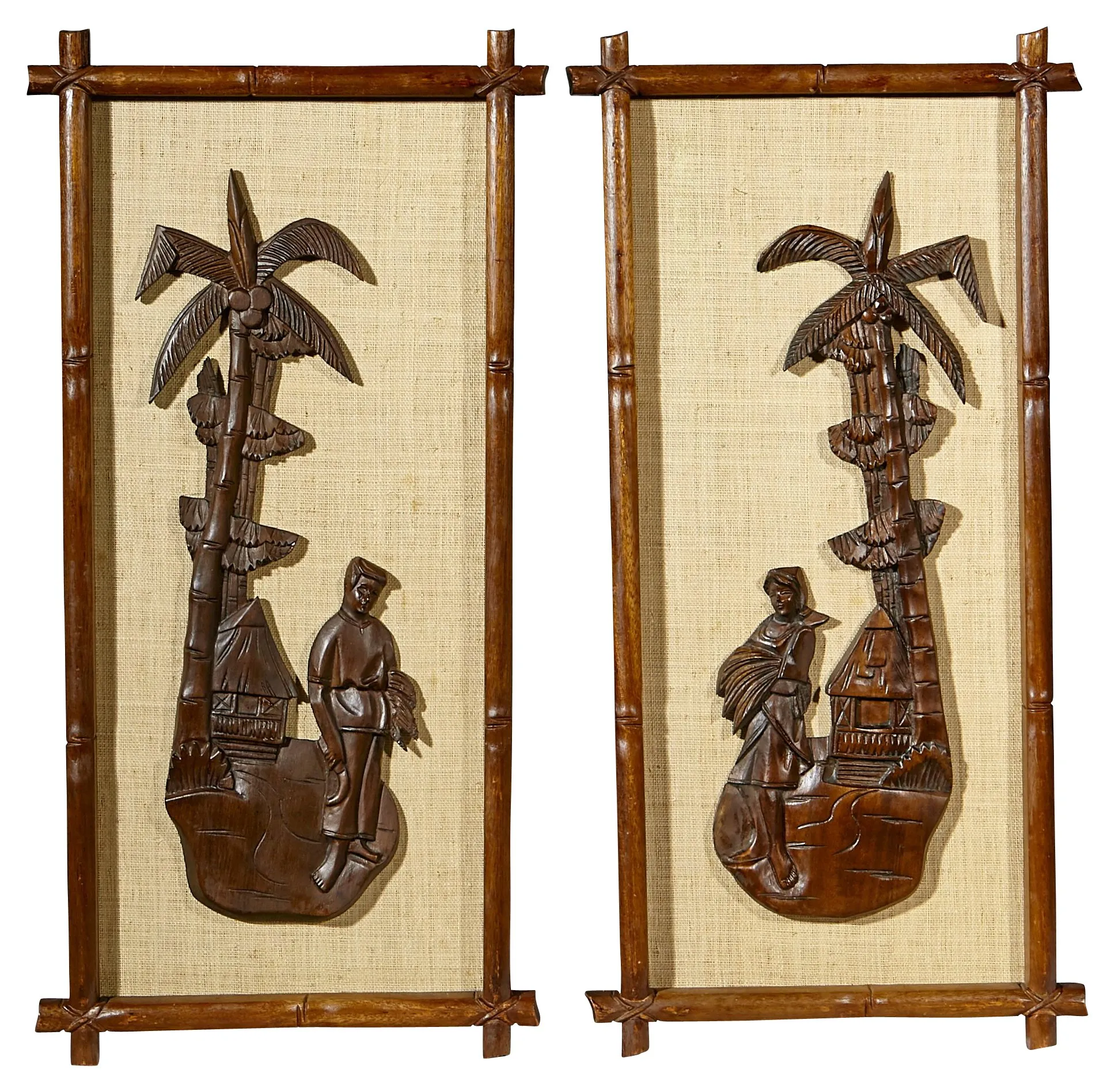 1960s Asian Scene Wood Wall Plaques - Pr - 2-b-Modern - Brown