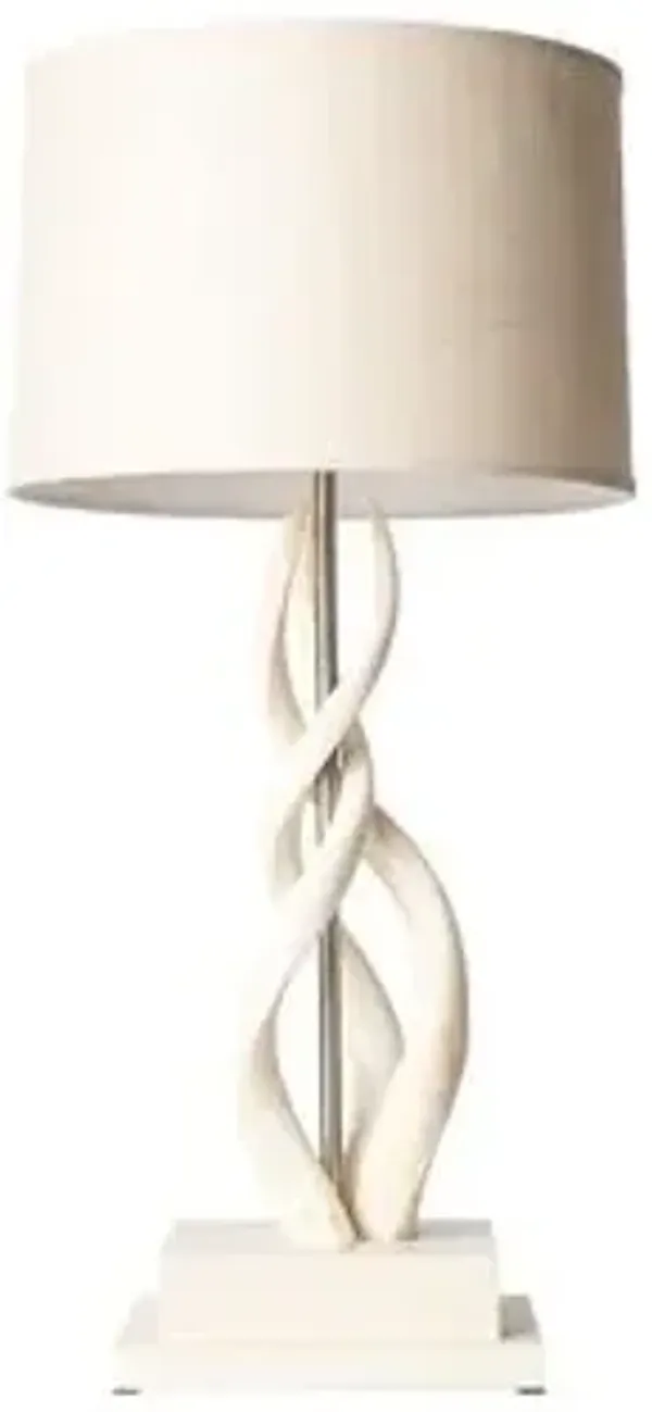 Upright Triple Kudu Inner Horn Table Lamp - Cream/White Burlap - Ngala Trading Co.