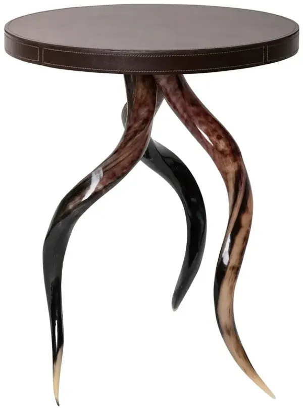 Kudu Polished Horn Side Table, Espresso Leather
