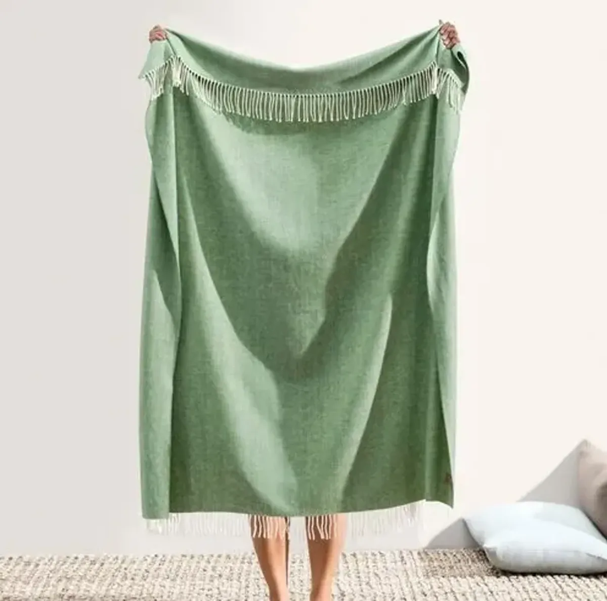 Herringbone Throw - Lands Downunder - Green - Lightweight, Soft, Warm, Fringed