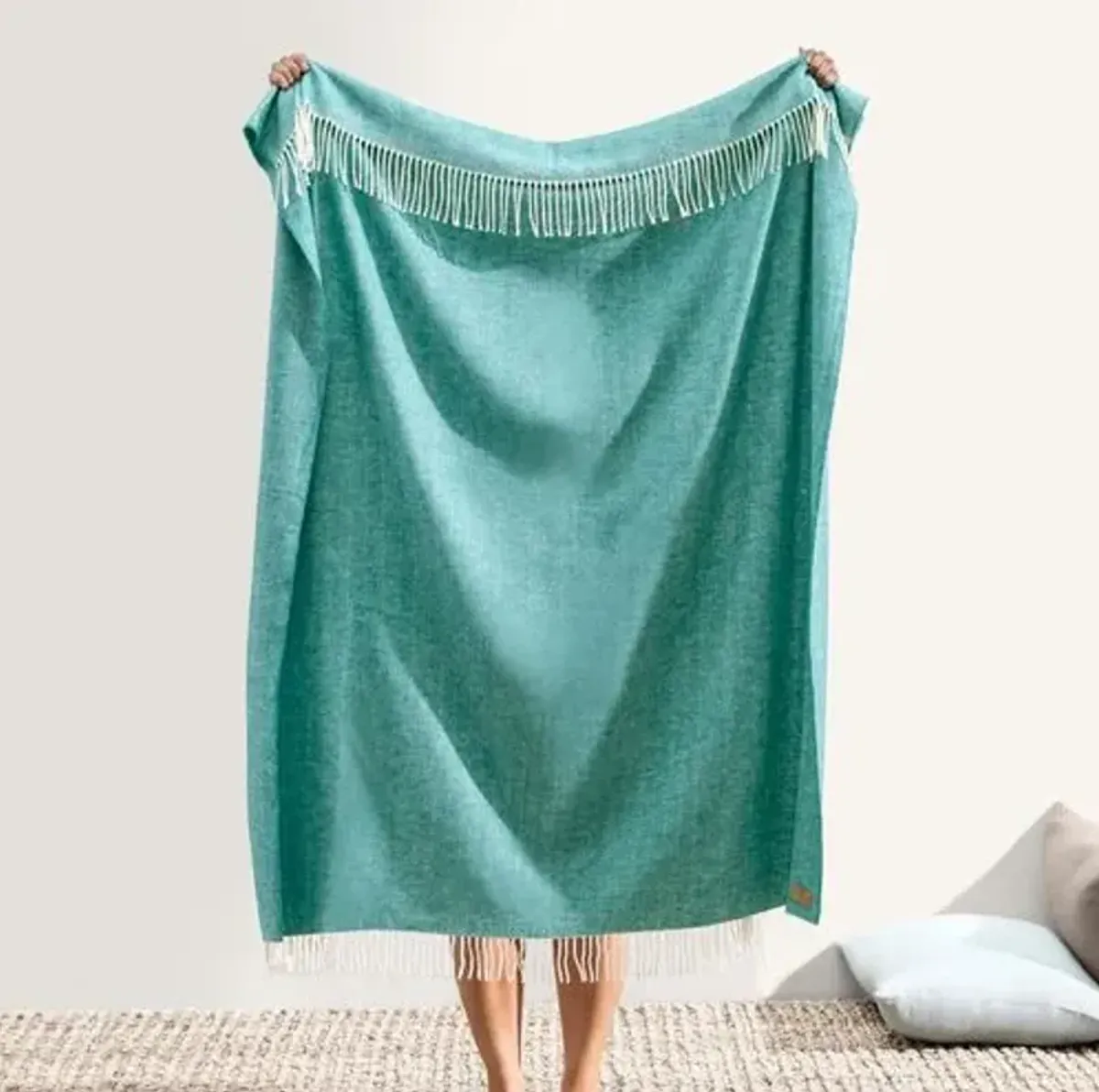 Herringbone Throw - Lands Downunder - Green - Lightweight, Soft, Warm, Fringed