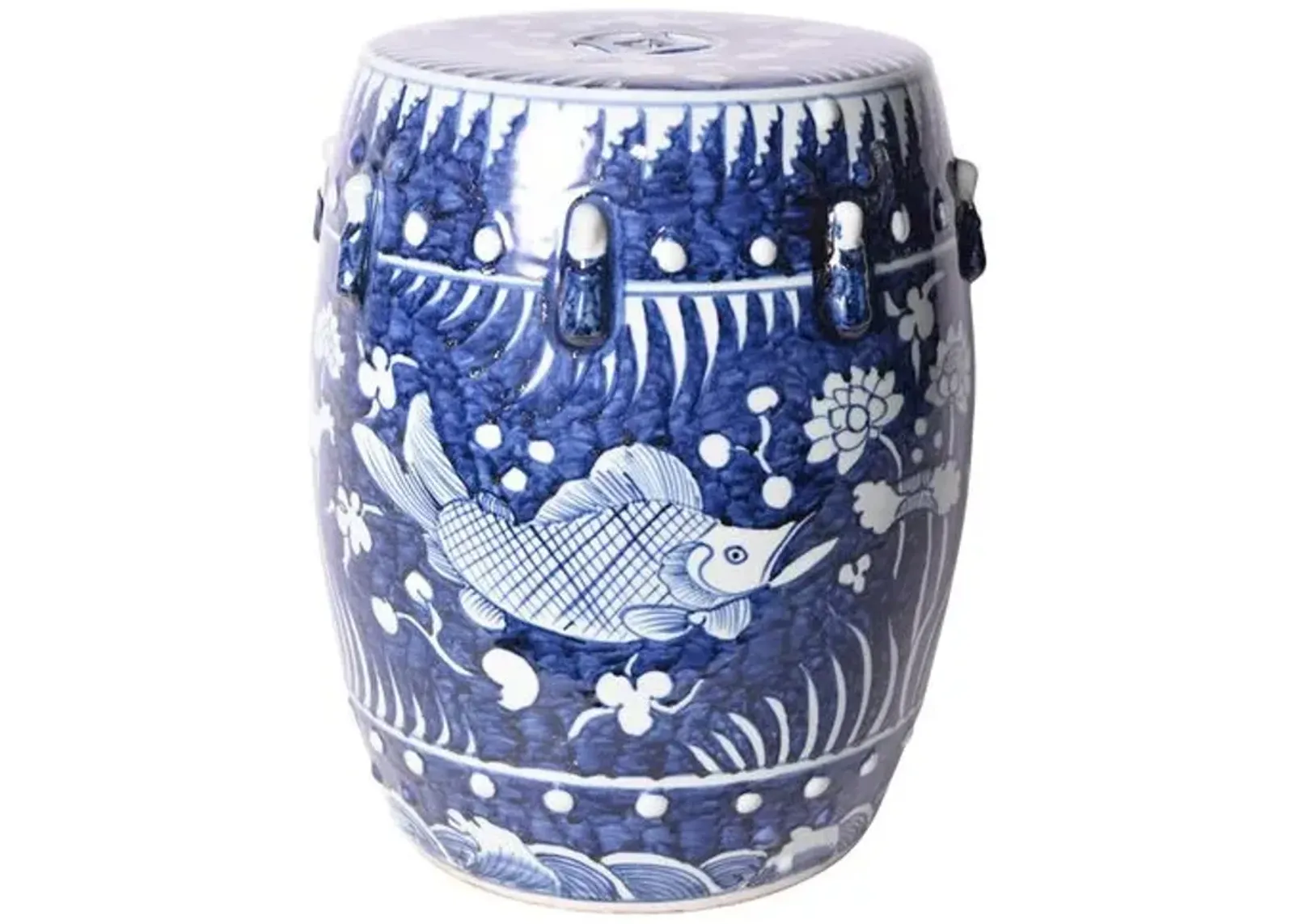 Fish Lotus Garden Stool - Blue/White