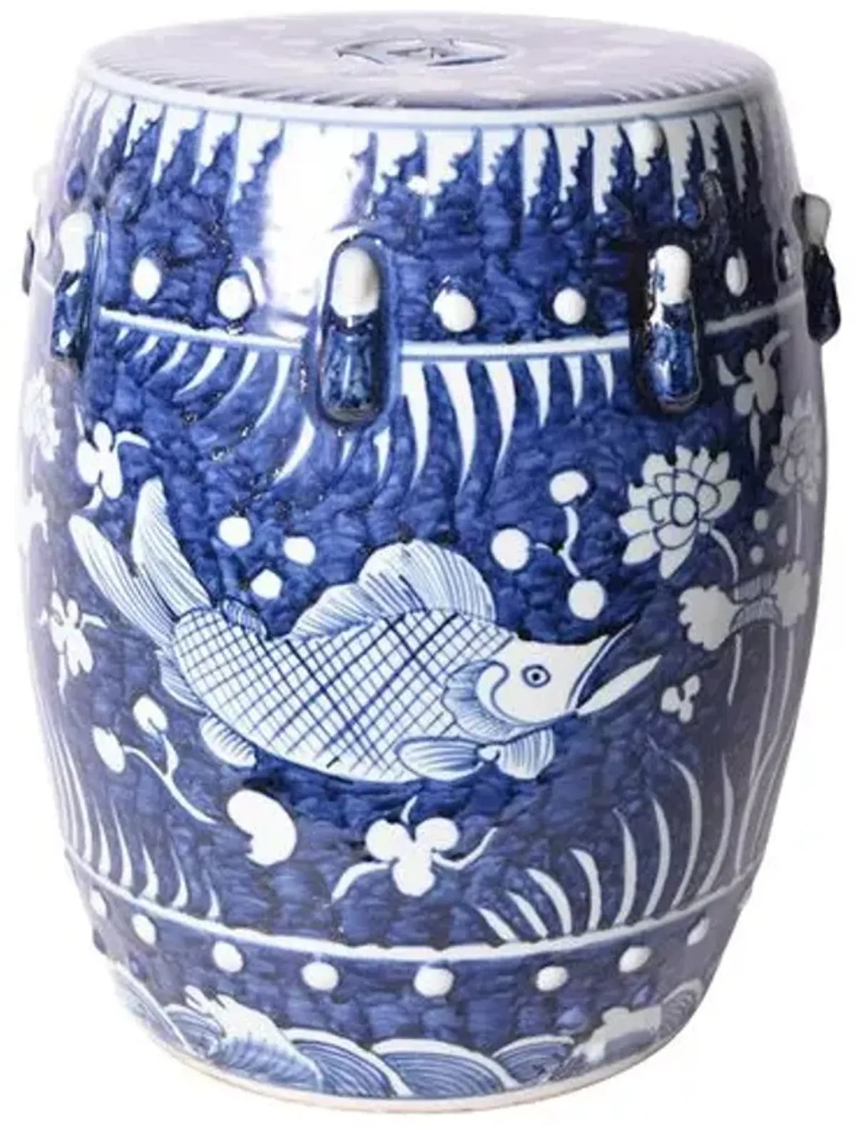 Fish Lotus Garden Stool - Blue/White