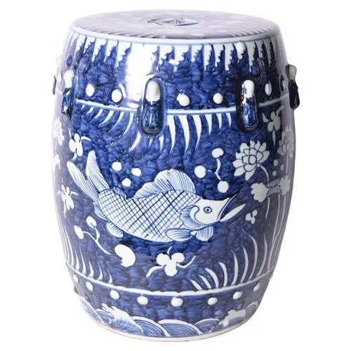 Fish Lotus Garden Stool - Blue/White