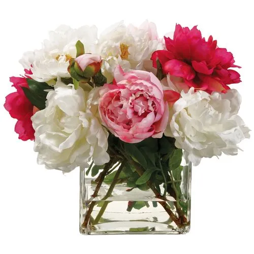 16" Mixed Peony Arrangement with Vase - Faux - Pink