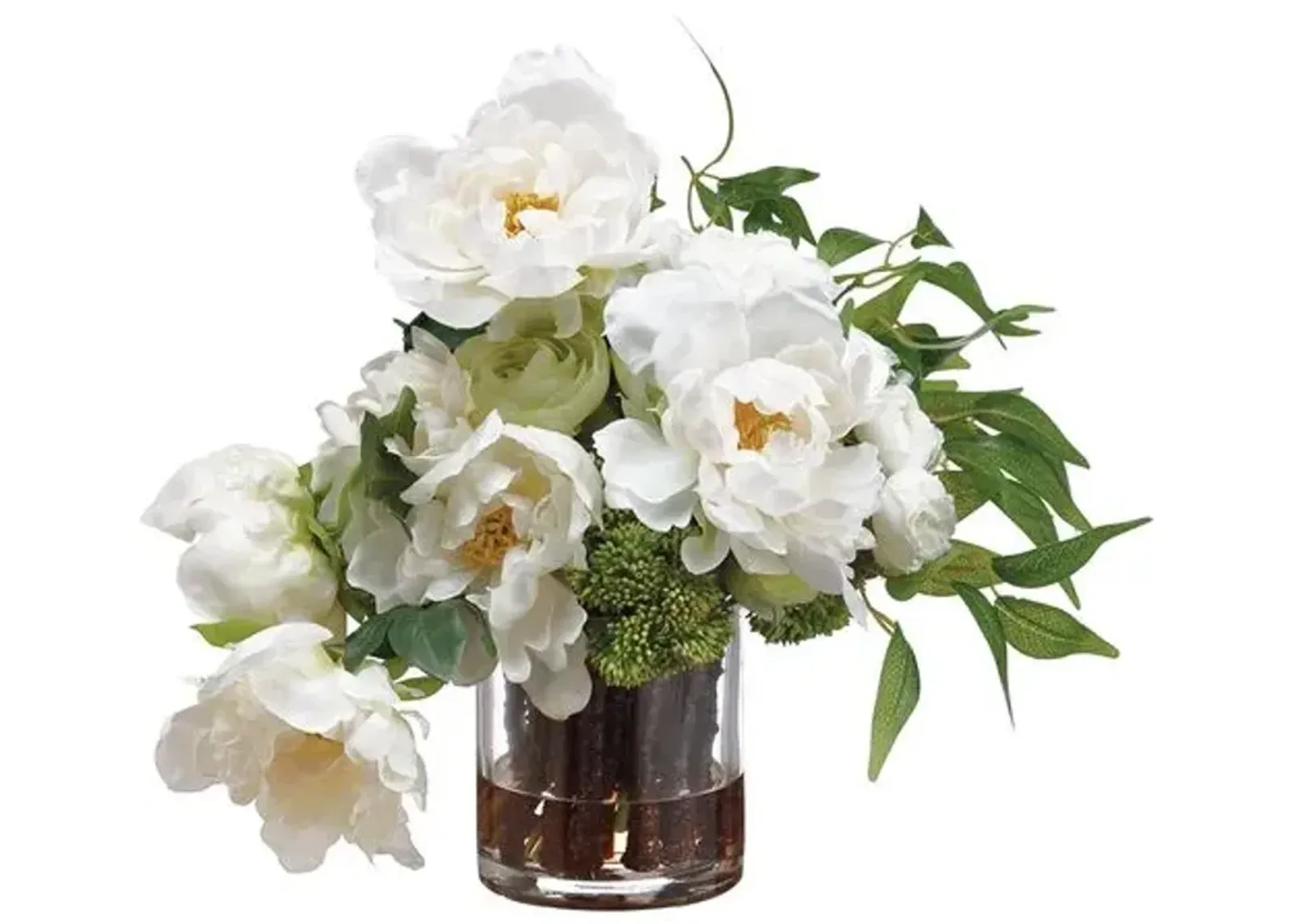 16" Peony & Ranunculus Arrangement with Vase - Faux - White