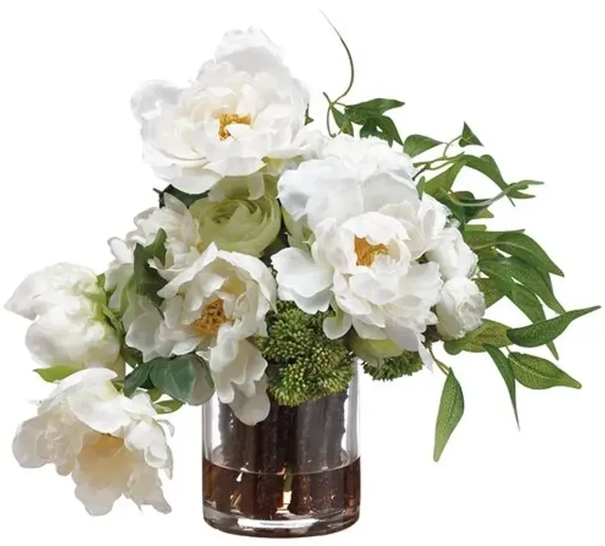 16" Peony & Ranunculus Arrangement with Vase - Faux - White