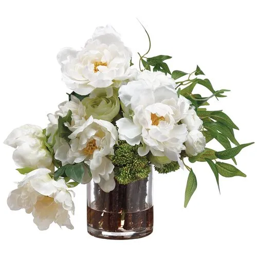 16" Peony & Ranunculus Arrangement with Vase - Faux - White