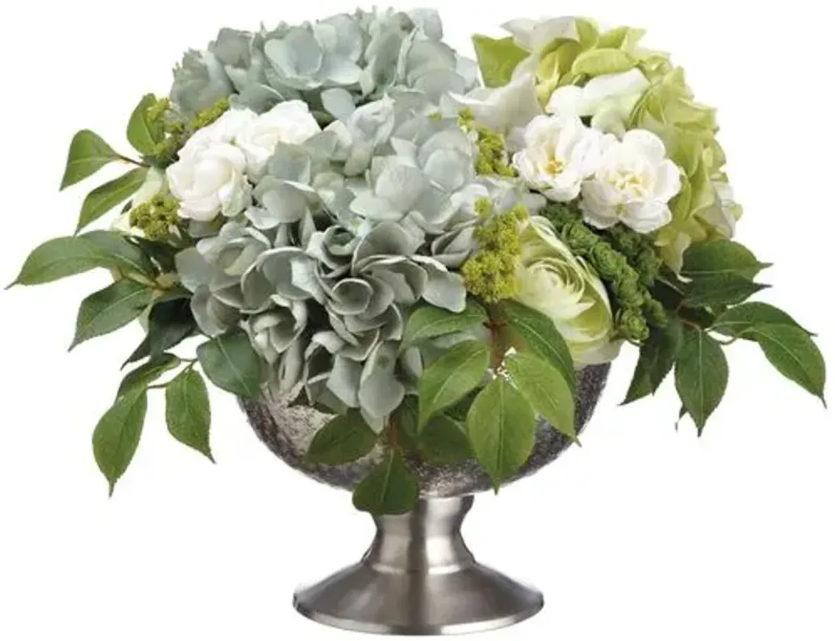 17" Hydrangea & Ranunculus Mix with Bowl - Faux - Blue