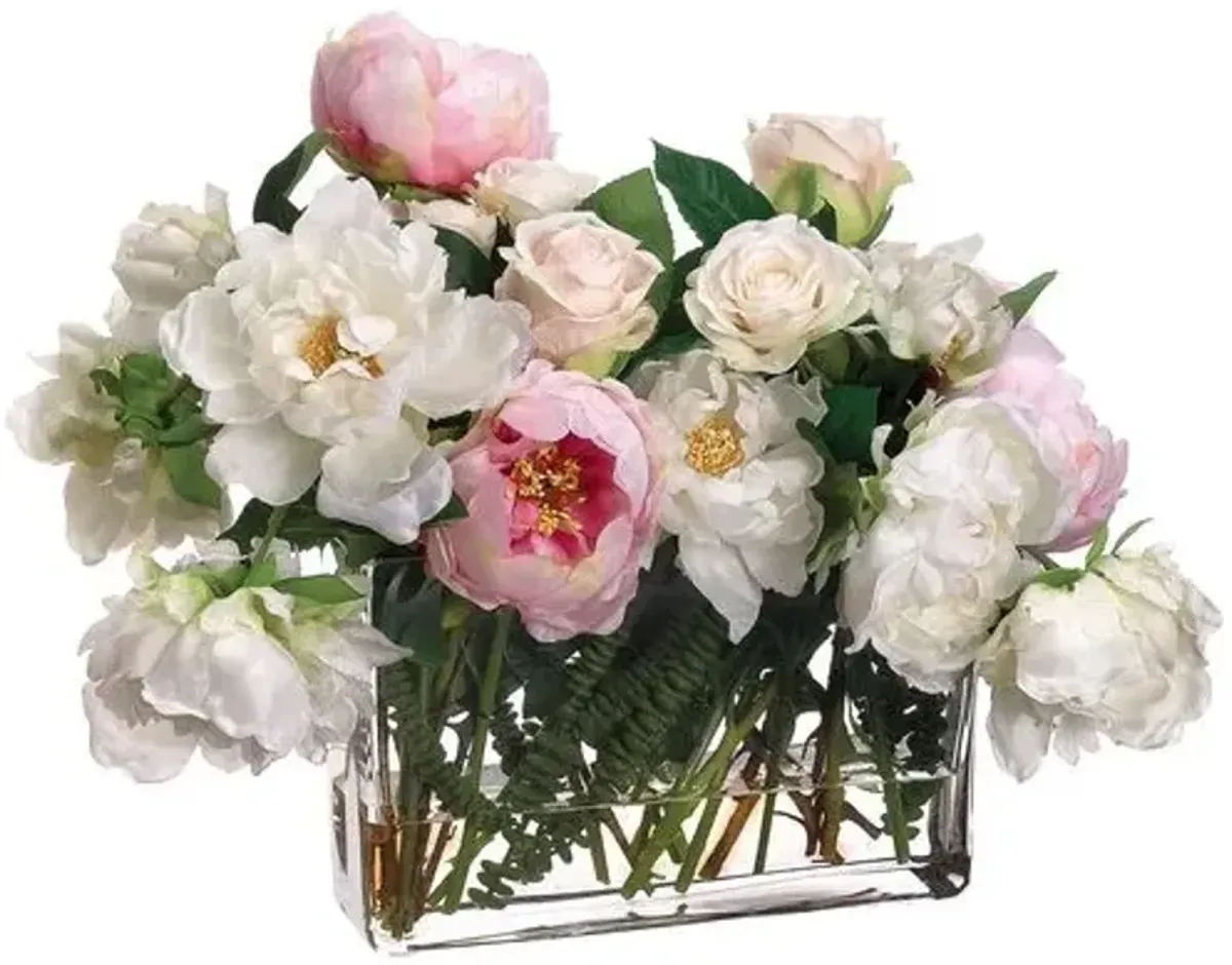 20" Rose & Peony Arrangement with Wide Vase - Faux - Pink