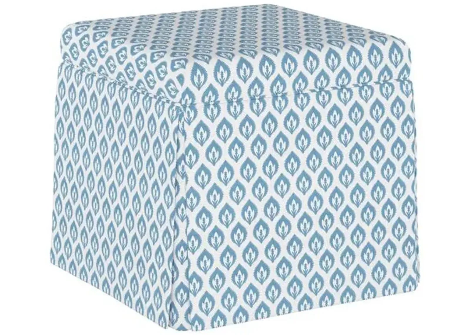 Anne Skirted Storage Ottoman - Petal Floral - Handcrafted - Blue