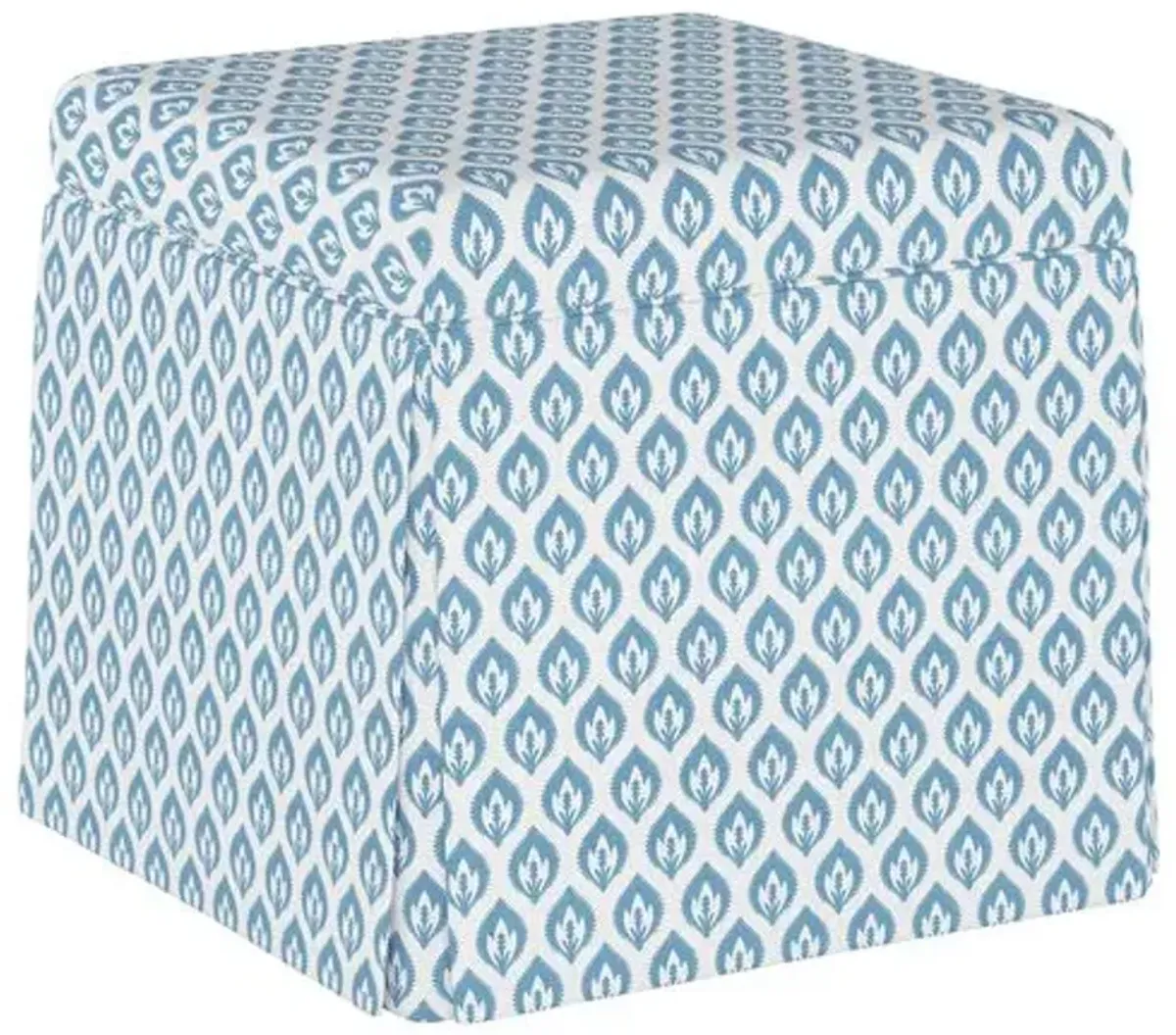 Anne Skirted Storage Ottoman - Petal Floral - Handcrafted - Blue