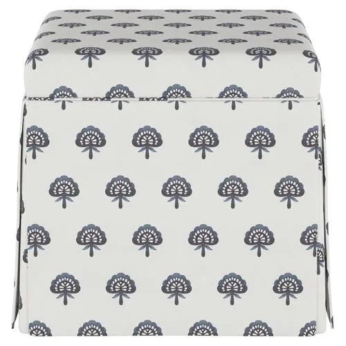 Anne Skirted Storage Ottoman - Floral Indigo - Handcrafted - Blue