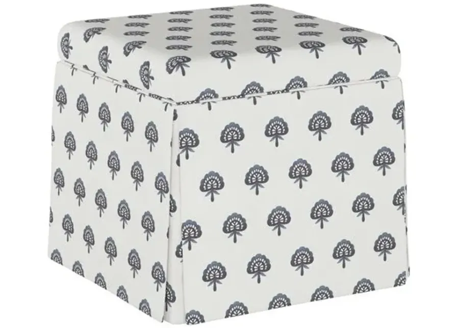 Anne Skirted Storage Ottoman - Floral Indigo - Handcrafted - Blue