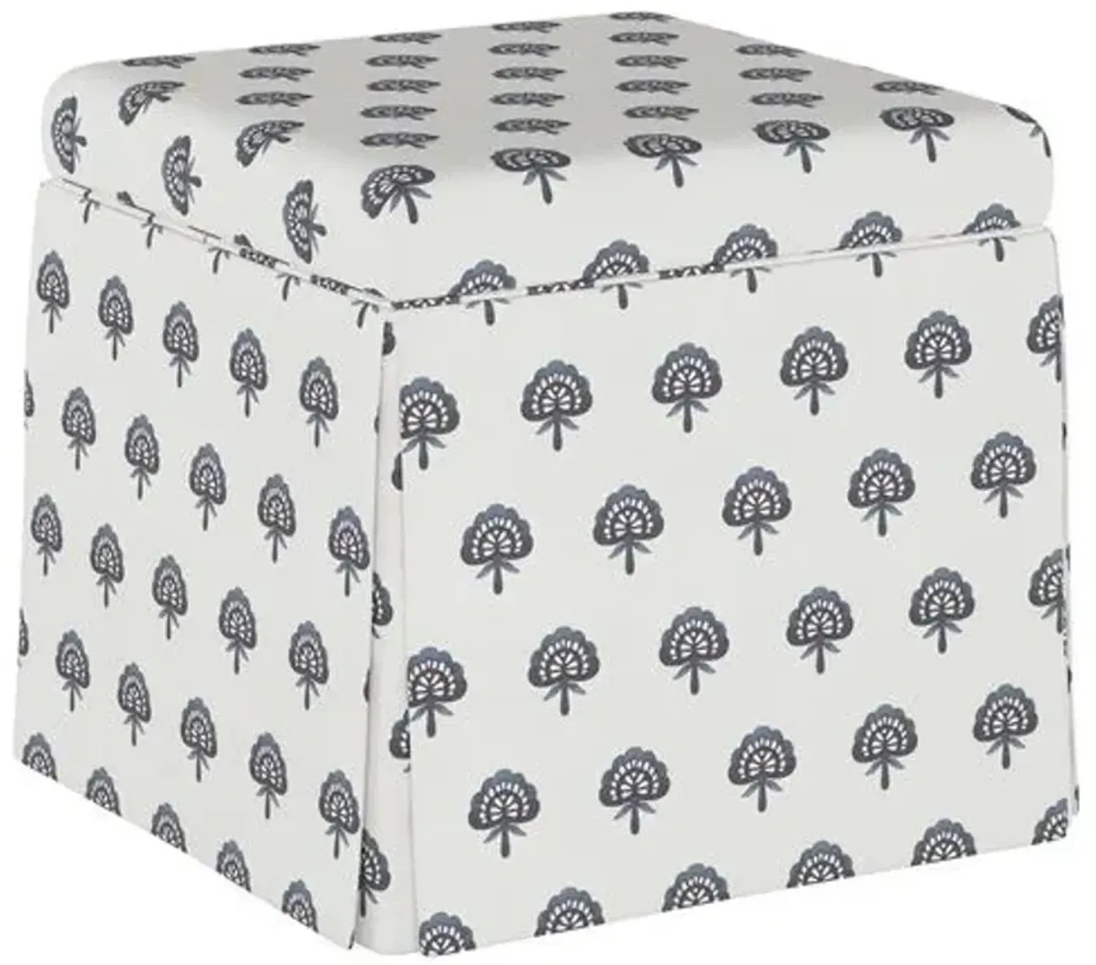 Anne Skirted Storage Ottoman - Floral Indigo - Handcrafted - Blue