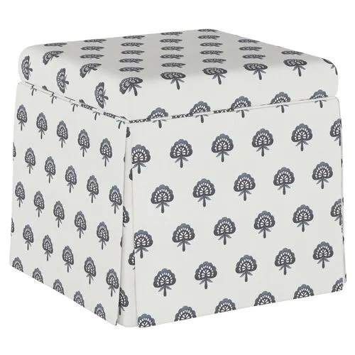 Anne Skirted Storage Ottoman - Floral Indigo - Handcrafted - Blue