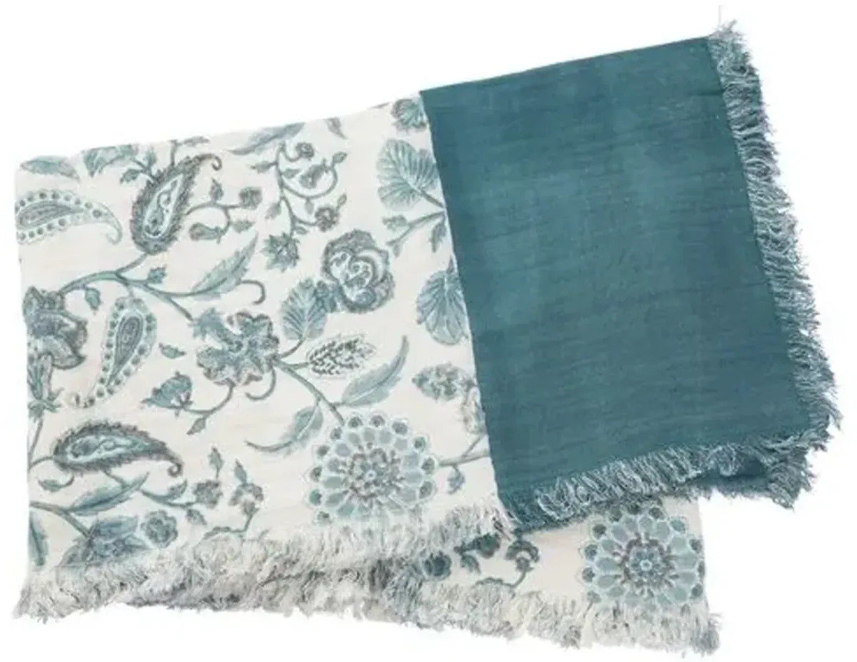 Catia Cotton Throw - Teal - Green - Lightweight, Soft, Warm, Fringed