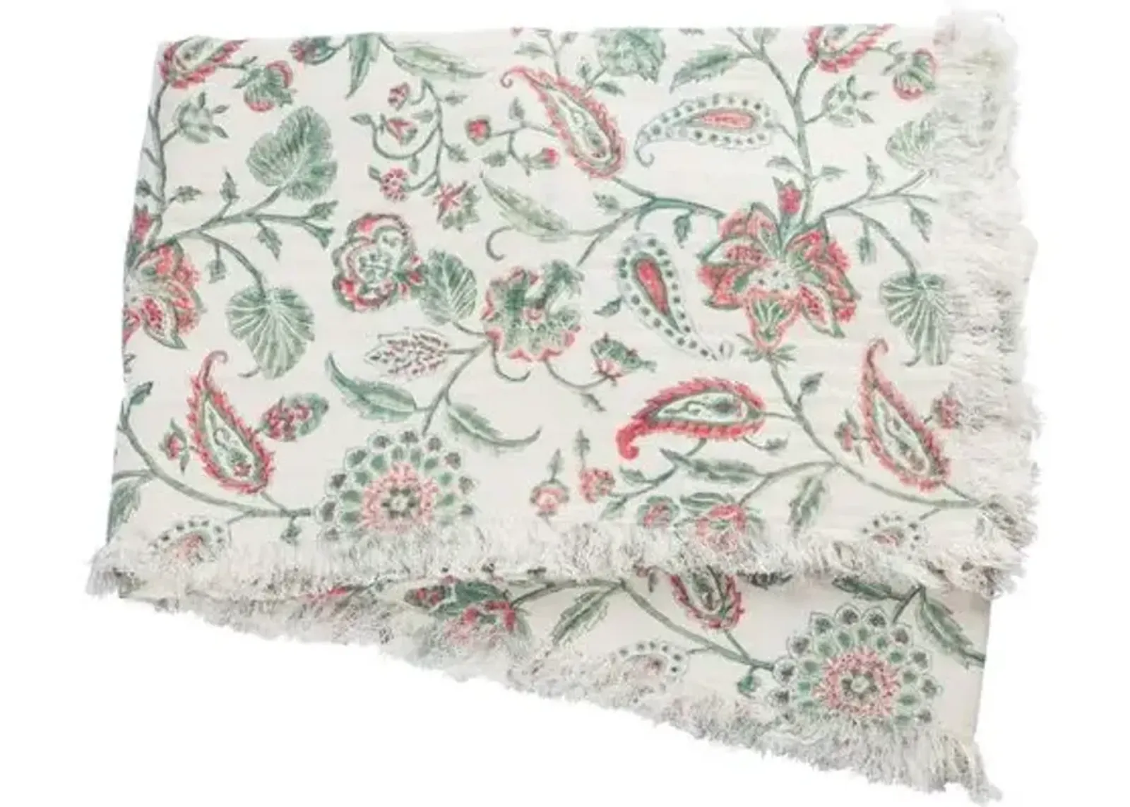 Kerr Cotton Throw - Green/Coral - Lightweight, Soft, Warm, Fringed