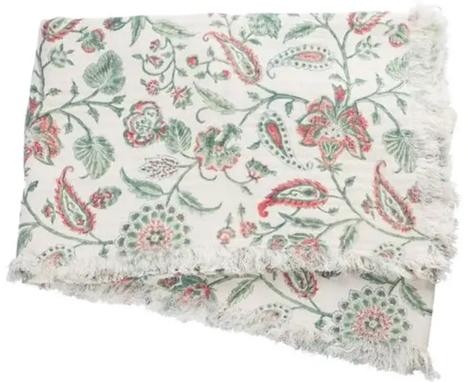 Kerr Cotton Throw - Green/Coral - Lightweight, Soft, Warm, Fringed