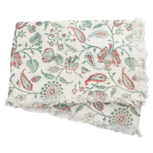 Kerr Cotton Throw - Green/Coral - Lightweight, Soft, Warm, Fringed