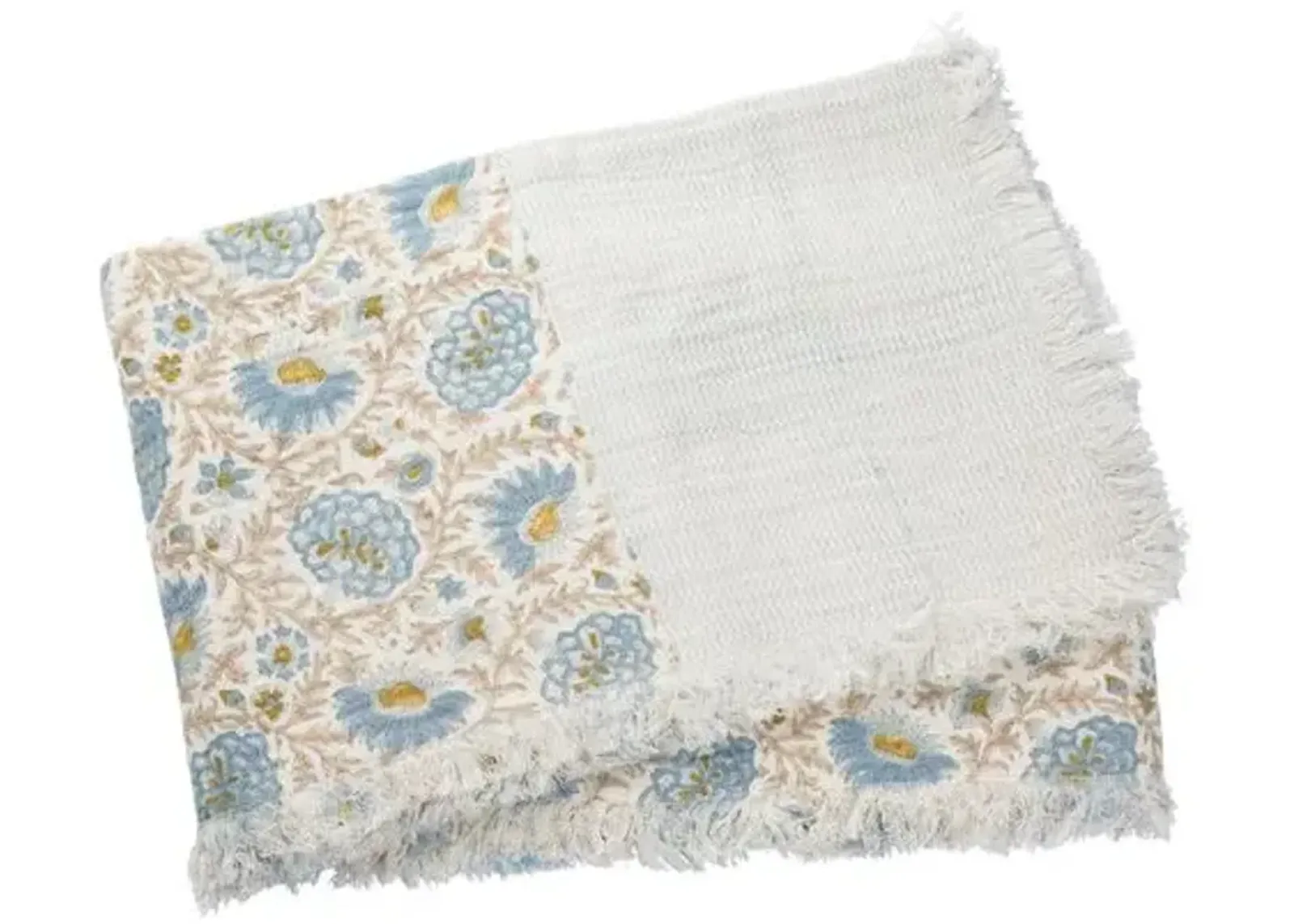 Babel Cotton Throw - Light Blue/Straw - Lightweight, Soft, Warm, Fringed