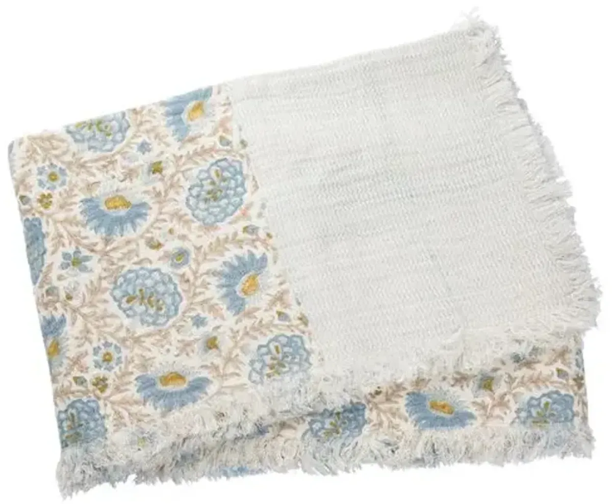 Babel Cotton Throw - Light Blue/Straw - Lightweight, Soft, Warm, Fringed