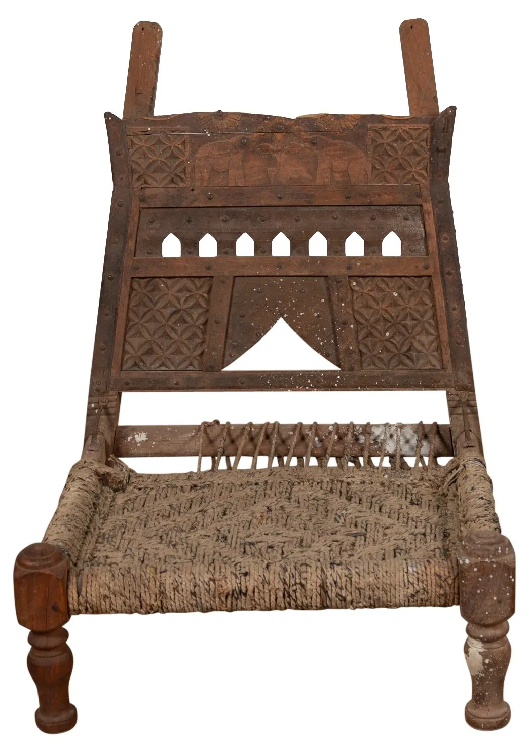 Rustic Indian Low Wooden Chair with Rope - FEA Home - Brown