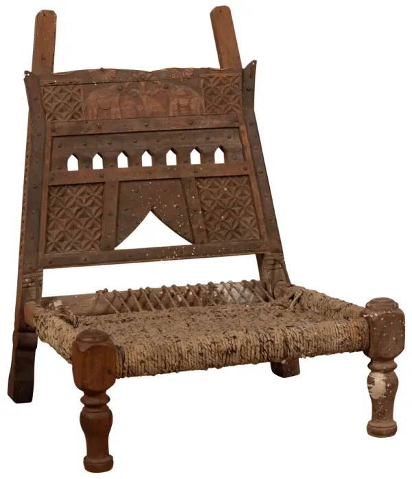 Rustic Indian Low Wooden Chair with Rope - FEA Home - Brown