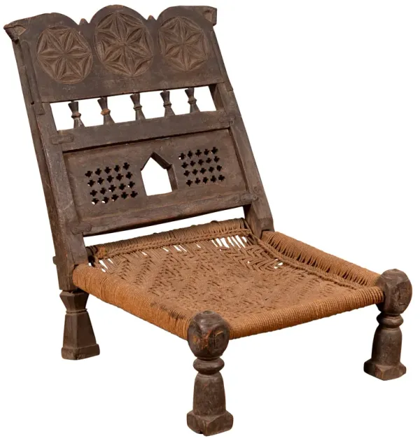Indian Antique Rustic Low Seat Chair - FEA Home - Brown