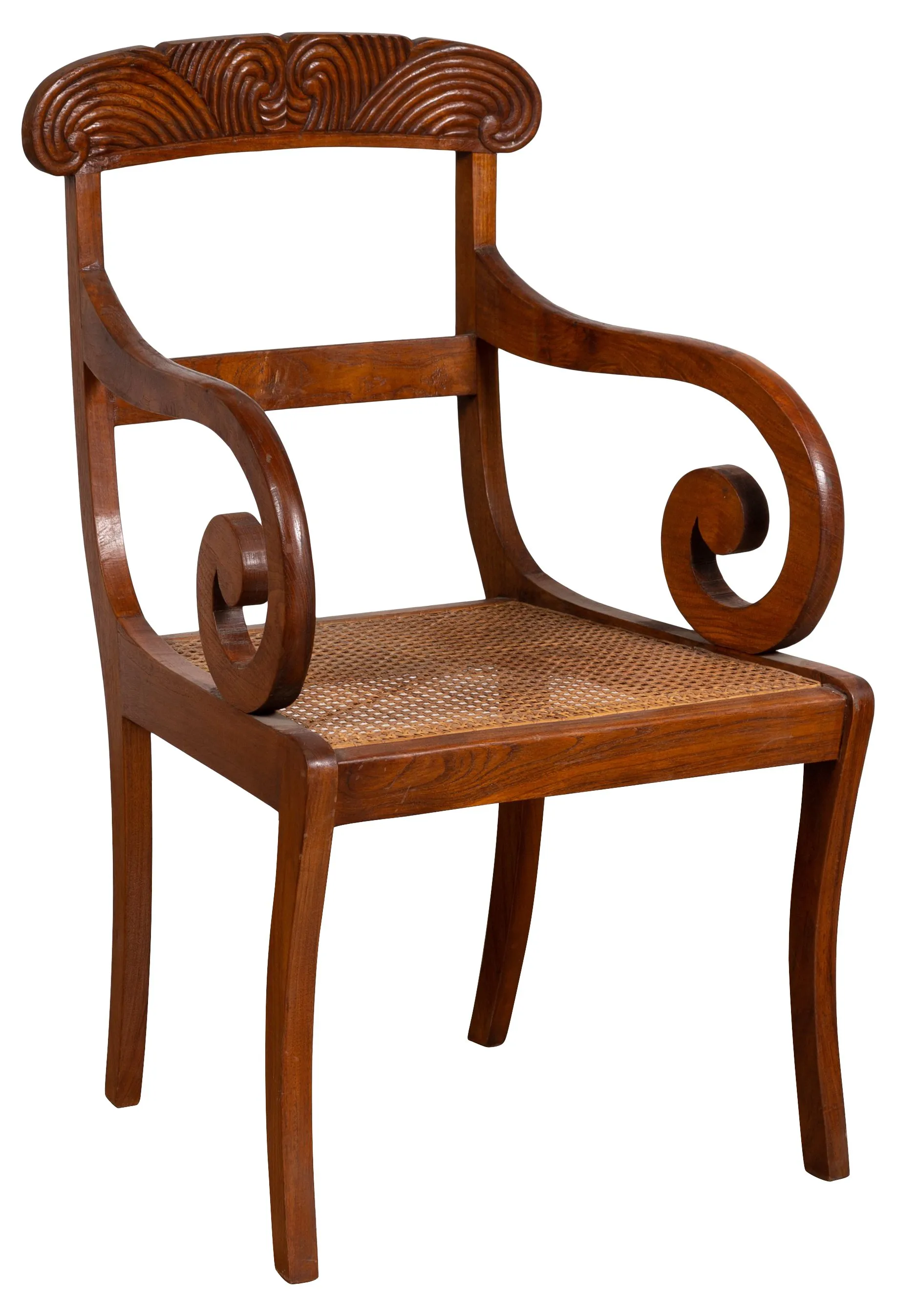 Javanese Wood and Rattan Carved Armchair - FEA Home - Brown