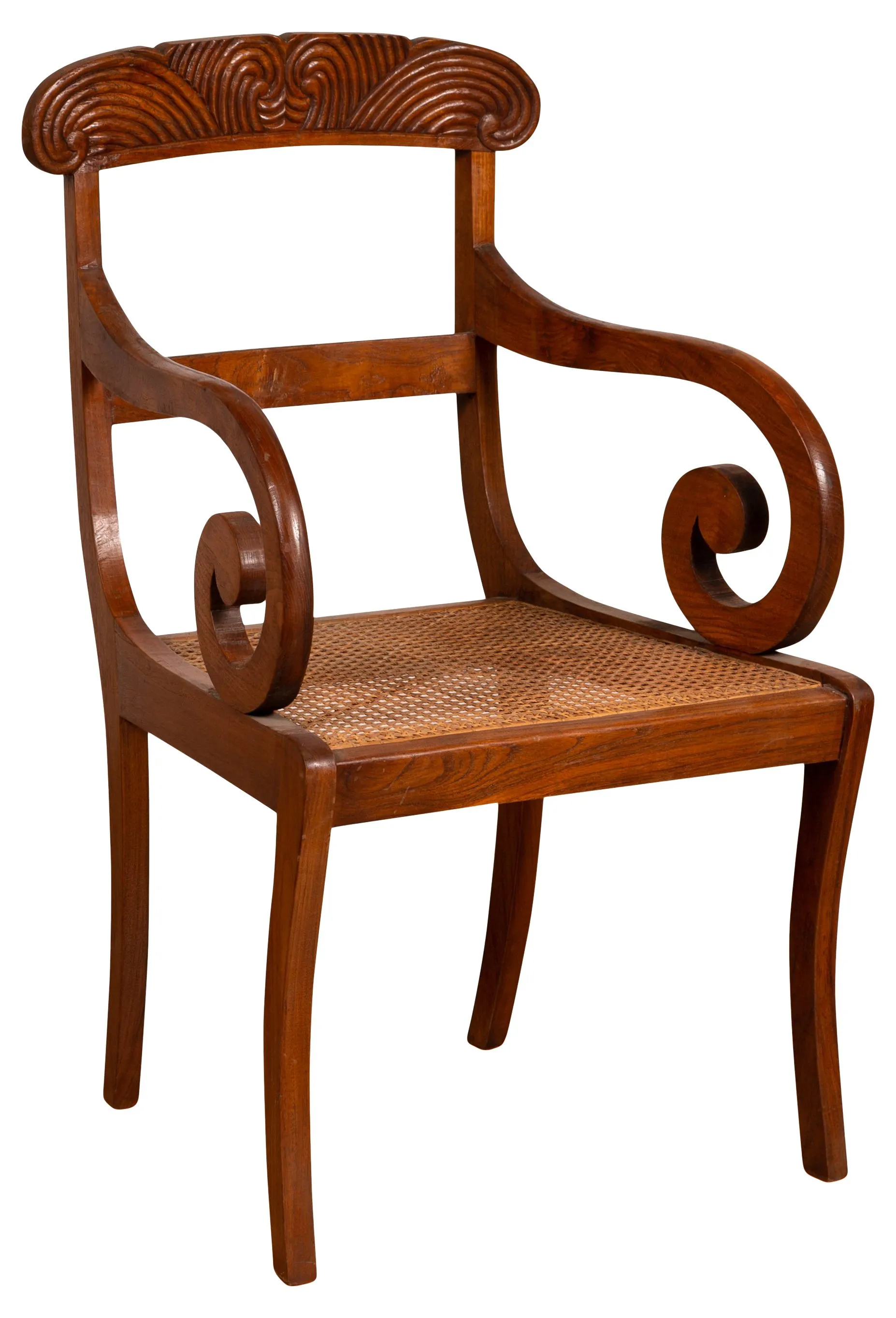 Javanese Wood and Rattan Carved Armchair - FEA Home - Brown