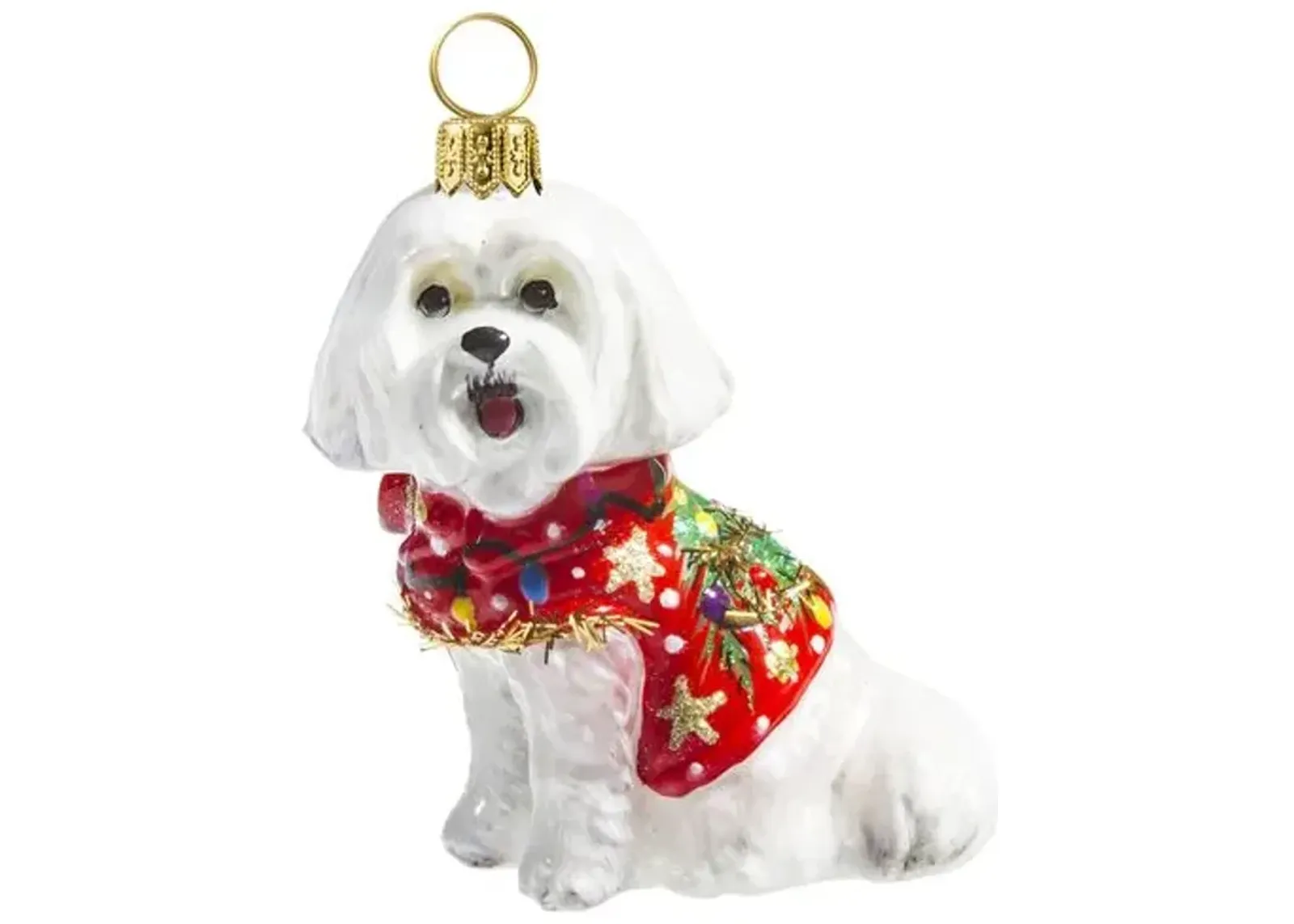 Maltese with Ugly Sweater Ornament - White/Red - Handcrafted