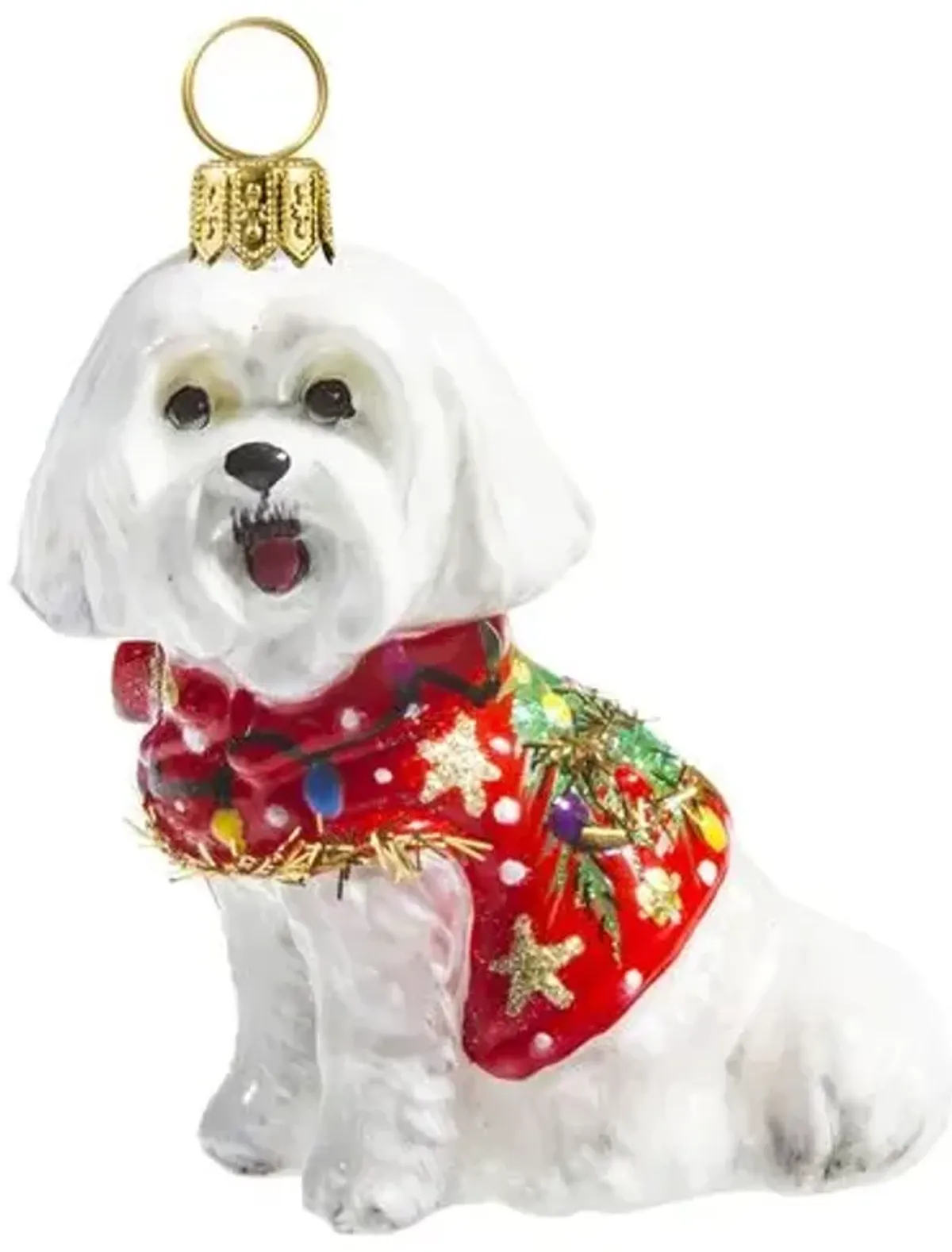 Maltese with Ugly Sweater Ornament - White/Red - Handcrafted