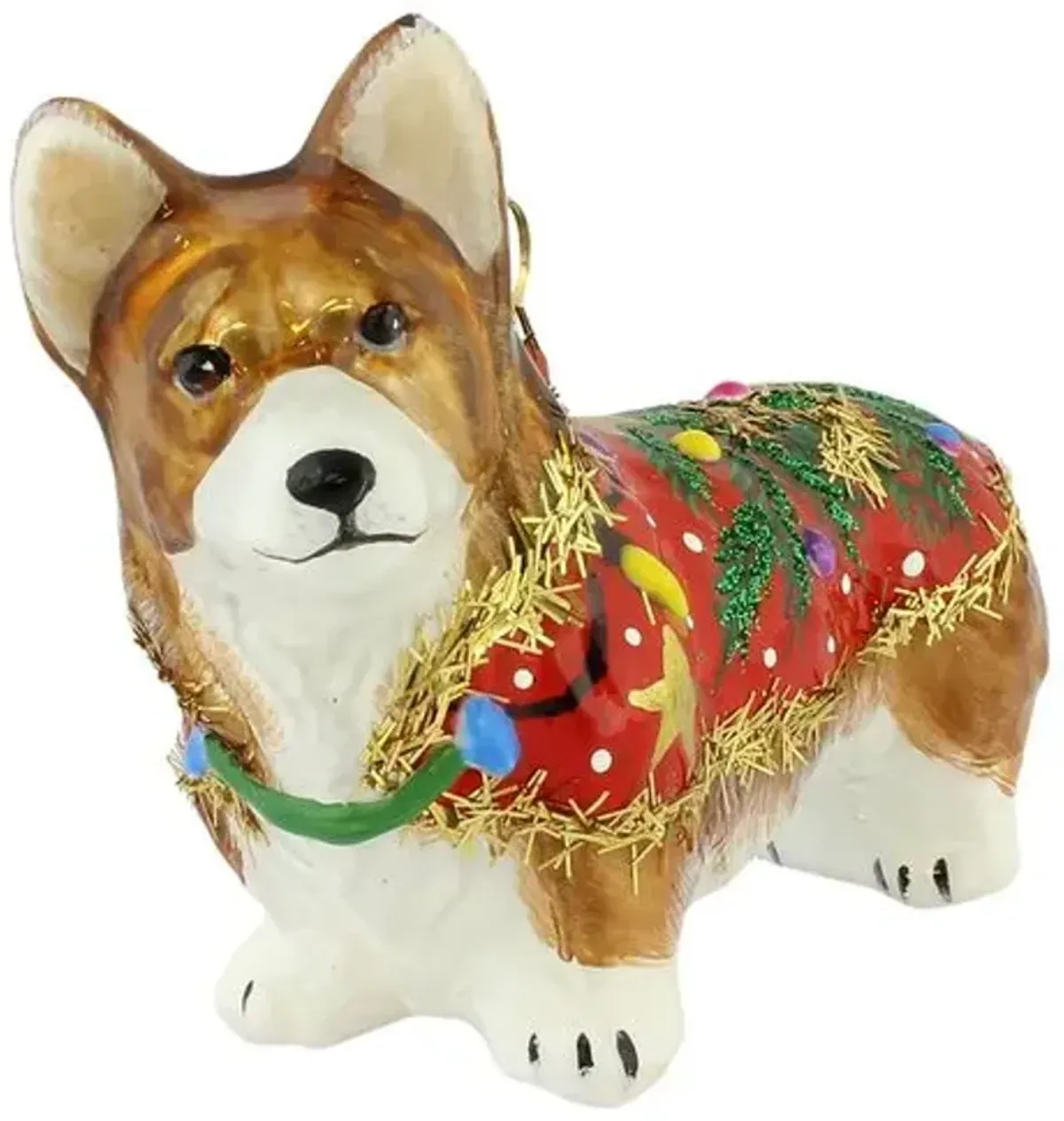 Pembroke Corgi with Ugly Sweater Ornament - Brown/Red - Handcrafted