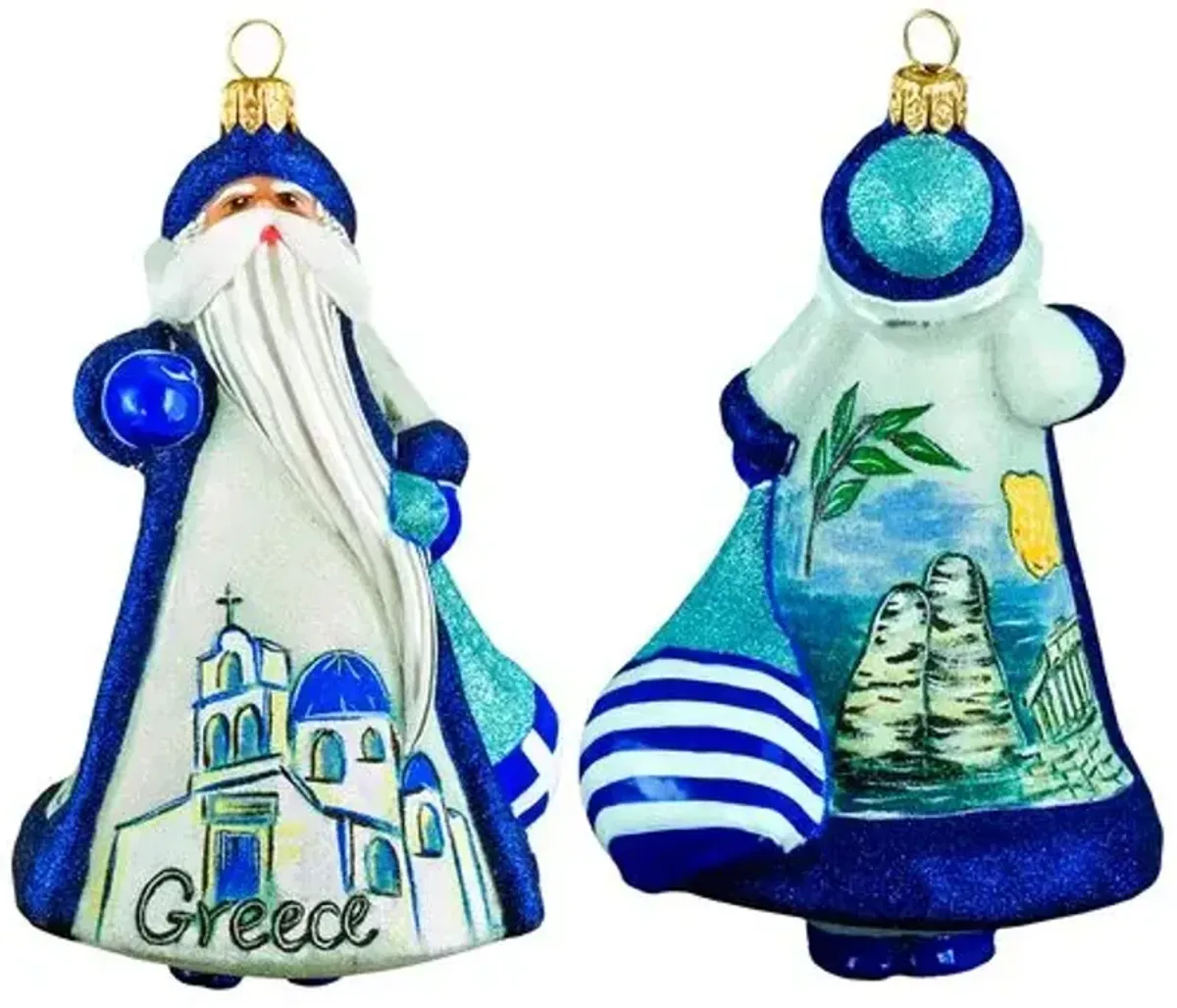 Grecian Santa Ornament - Glitter Blue/White - Handcrafted