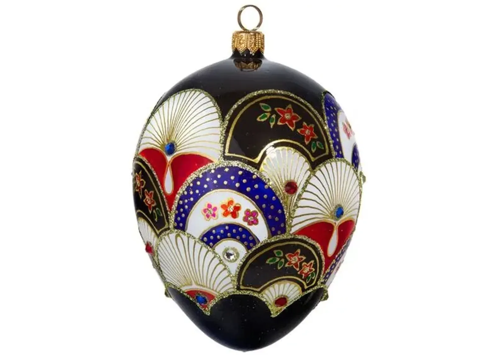 Japanese Fan Jeweled Egg Ornament - Black