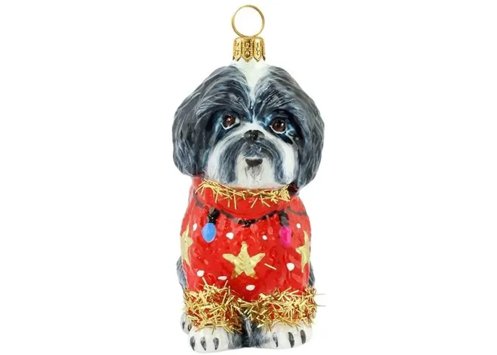 Shih Tzu with Ugly Sweater Ornament - Gray/Red - Handcrafted