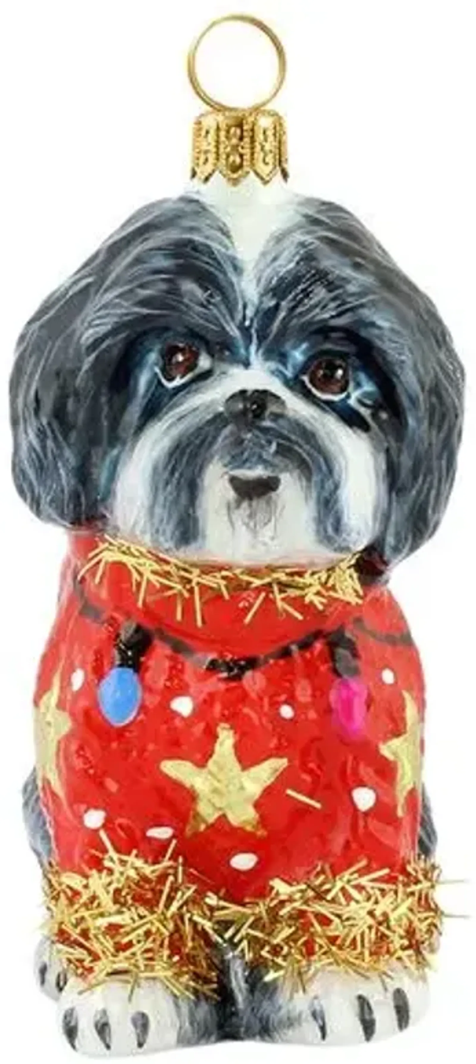 Shih Tzu with Ugly Sweater Ornament - Gray/Red - Handcrafted