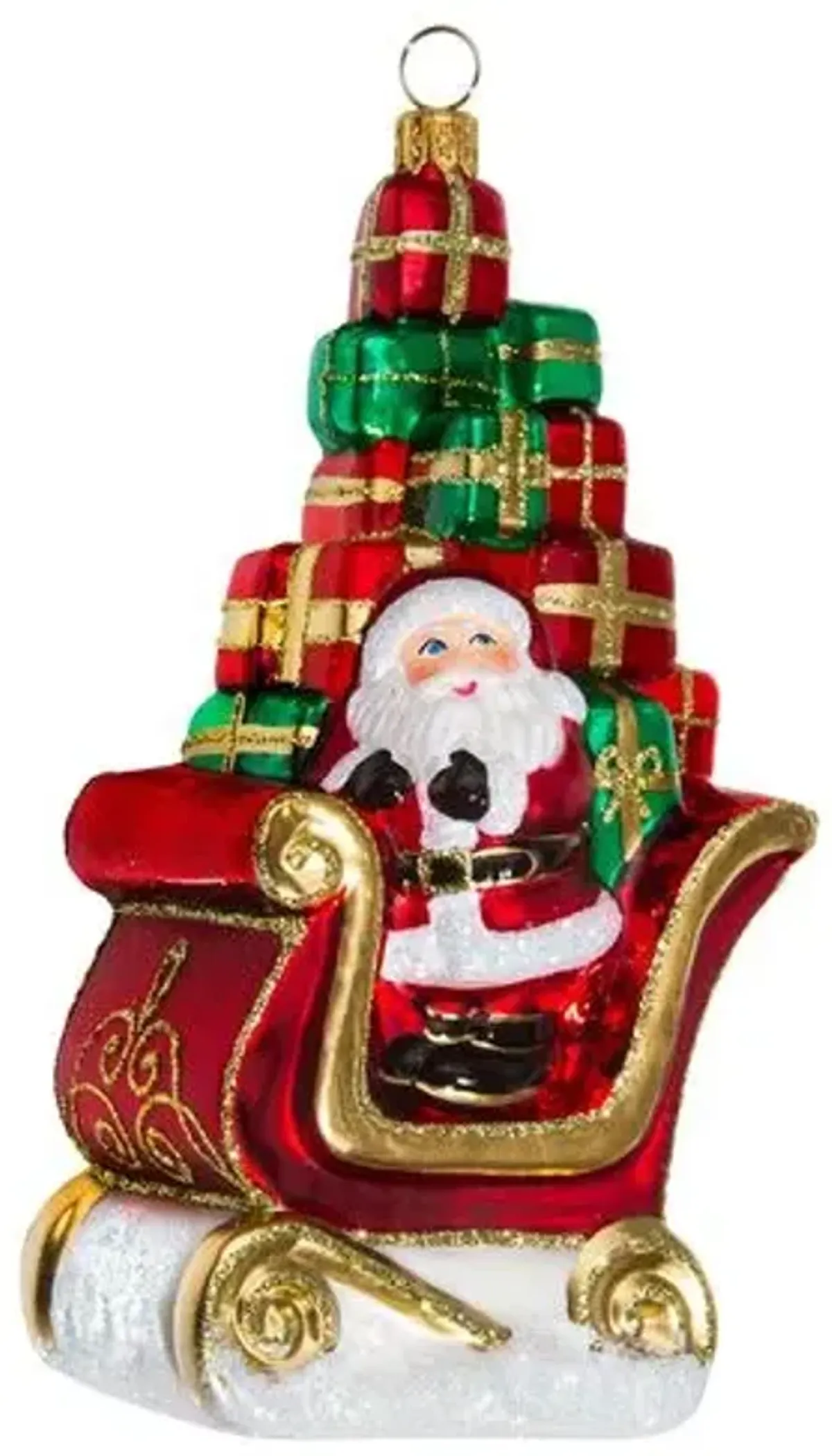 Santa & Sleigh Ornament - Red/Gold - Handcrafted