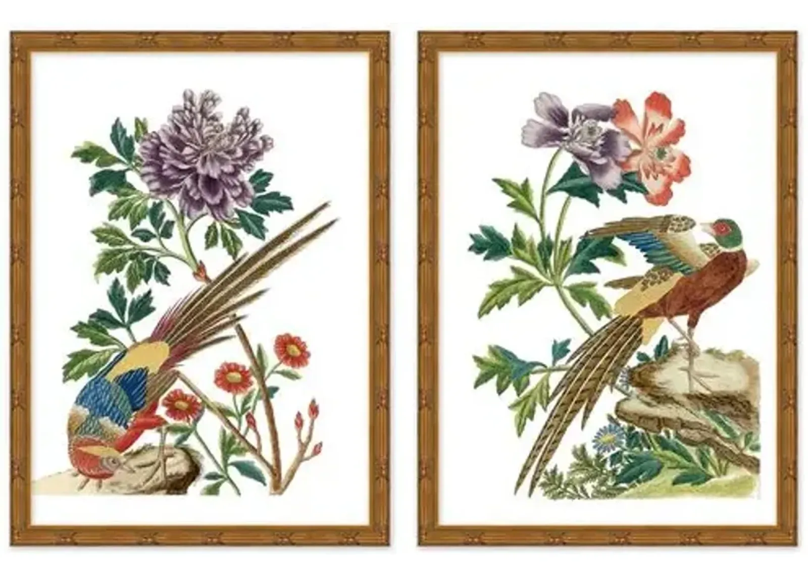 Set of 2 Multicolor Chinoiserie Birds Set - Beige